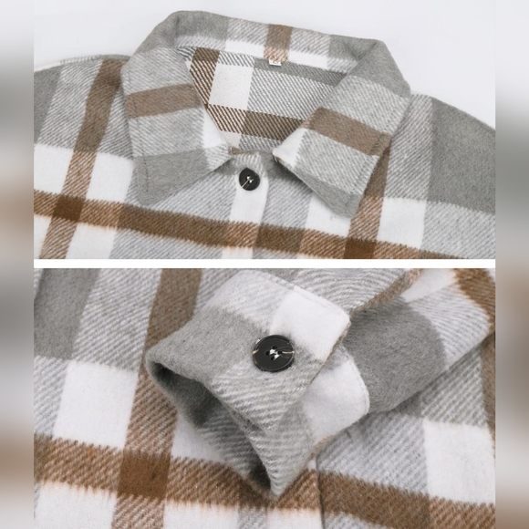 NWT!! Women's Khaki Grey Flannel Shacket Long Sleeve Button Pocket Shirt Jacket - Picture 3 of 6